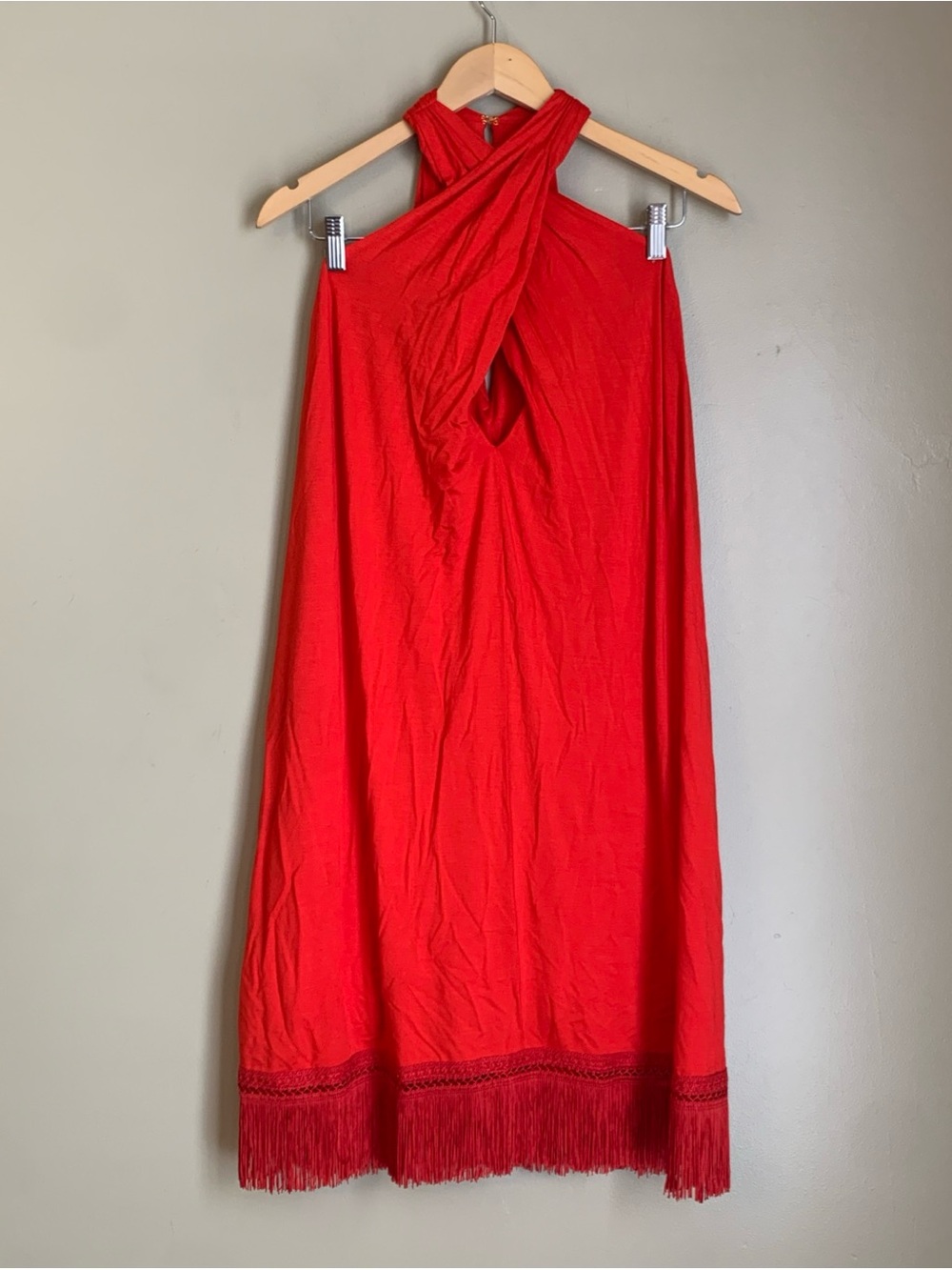 Trina Turk Sumatra Dress In Pepper Red Sz L Fringe Trim Halter Sun Dress NWT